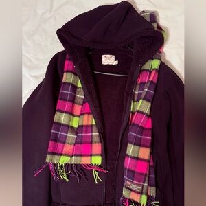 Women’s BLACK fleece Jacket with Hood; throwing in a cashmere scarf for cuteness